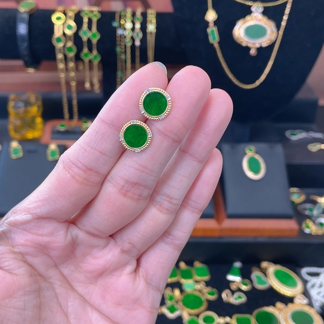 翡翠银S925镀金镶嵌耳饰