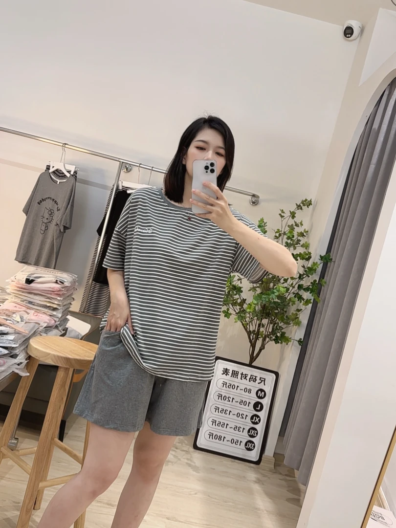 爽棉圆领条纹短袖睡衣简约夏季夏装显瘦家居服套装时尚休闲可外穿