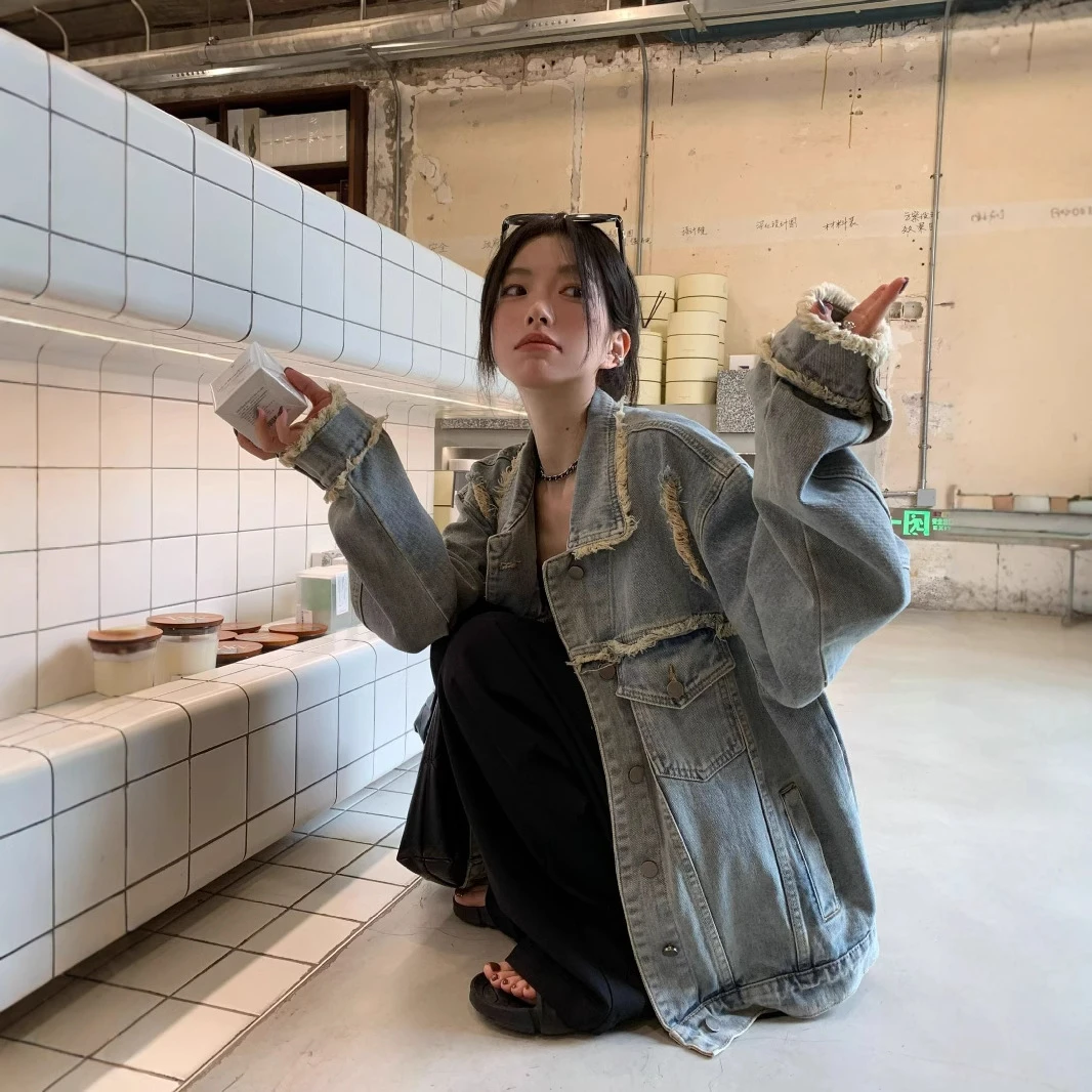 大码梨型身材女款穿搭美式复古毛边破洞牛仔外套女宽松夹克上衣潮