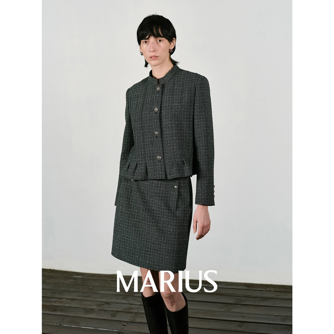 MARIUS奥黛丽2.0 H版型时尚格纹气质短款西装套装