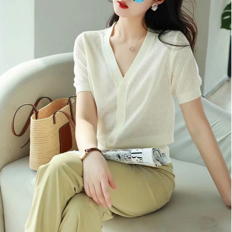 【现货】数兰朵桑蚕丝天丝气质针织开衫 夏短袖时尚轻薄透气上衣