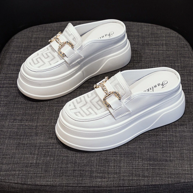 小个子增高厚底包头透气网面半拖鞋女2025年夏季新款懒人外穿拖鞋