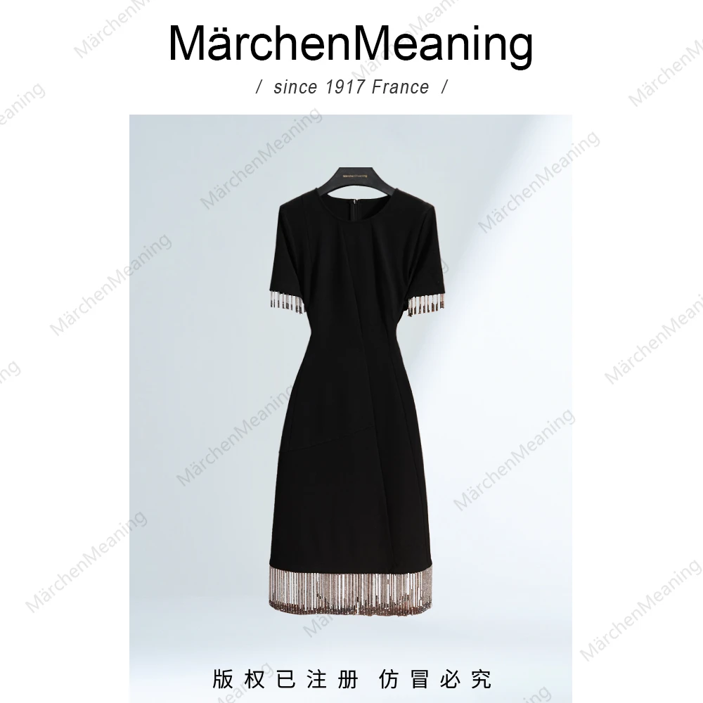 MärchenMeaning黑色短袖圆领气质长裙连衣裙显瘦收腰春季上新赵