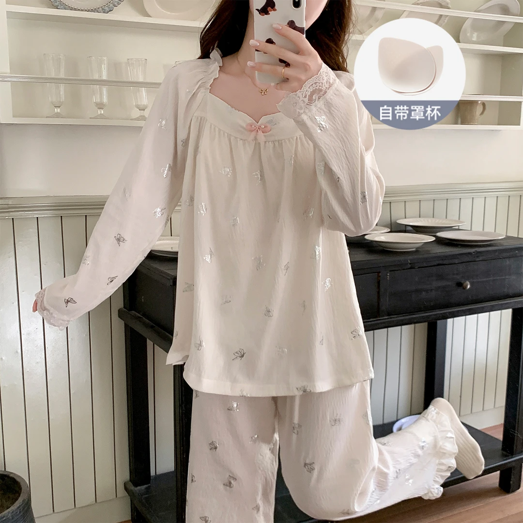 Meng luan/梦鸾睡衣女士春秋款带胸垫满印蝴蝶结蕾丝边长袖家居服