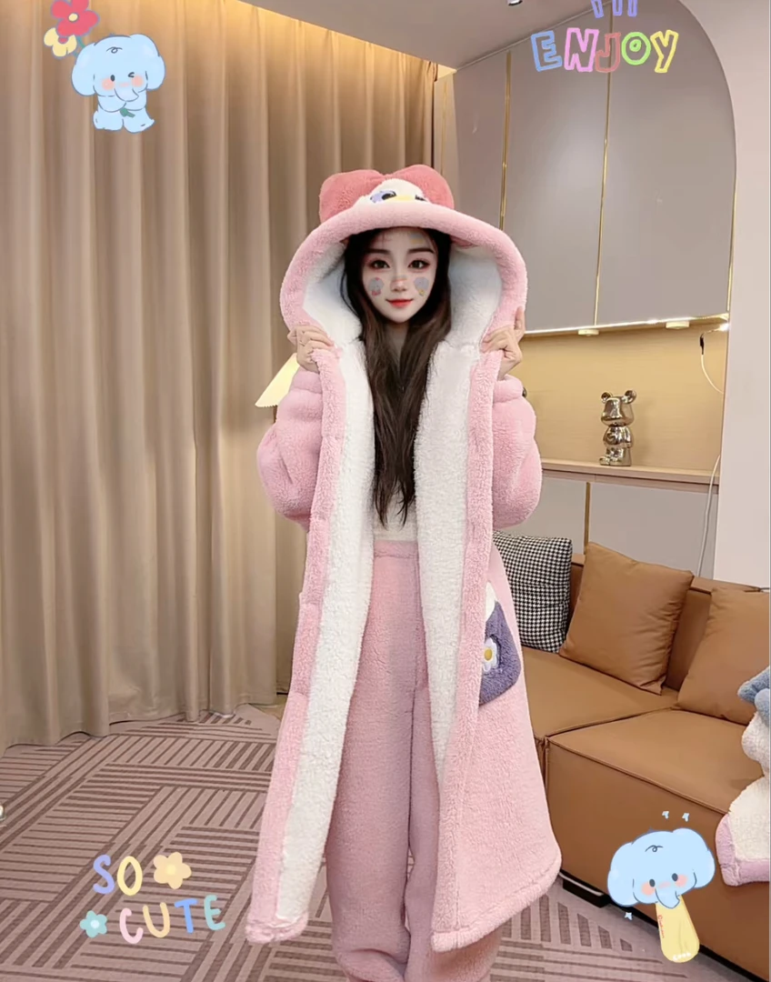 【双层加厚可爱鸭】睡衣女秋冬加绒加厚保暖连帽长款可外穿睡衣14