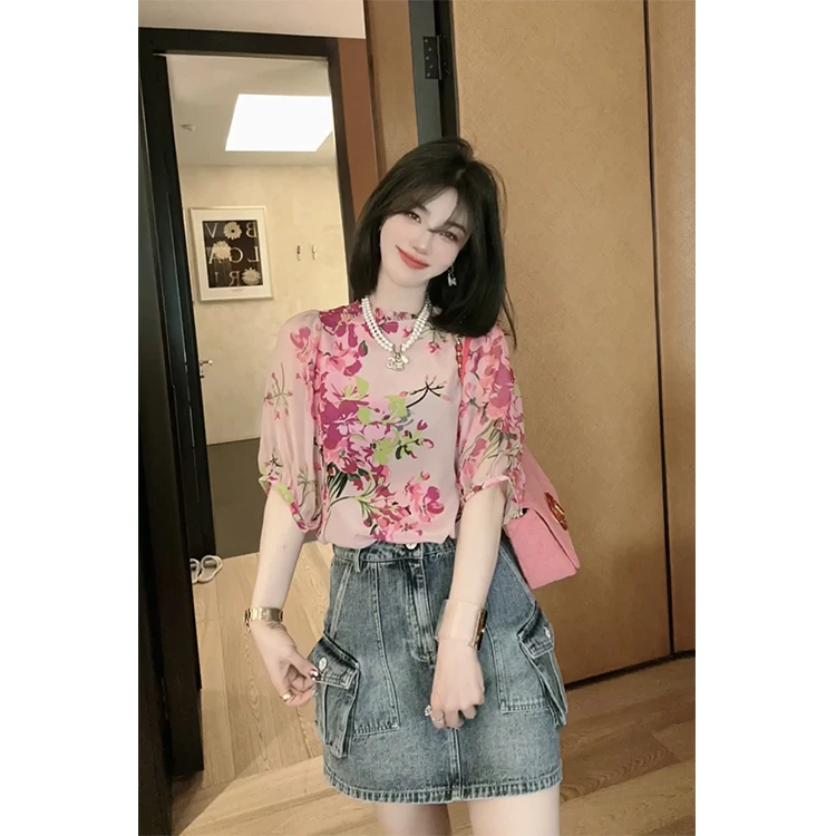 2025新款欧货百搭时尚碎花圆领五分袖衬衫上衣女雪纺衫