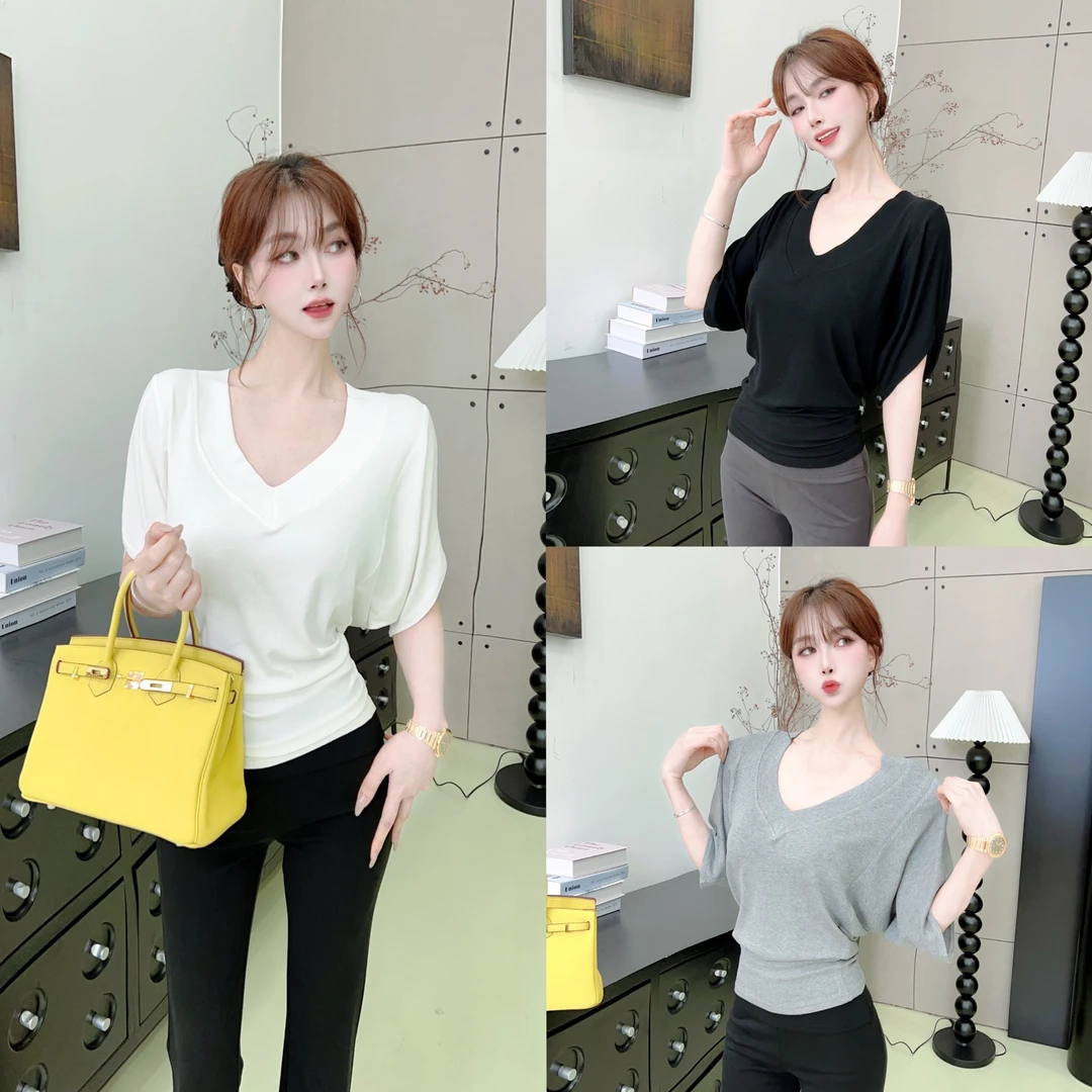 卡卡螺纹宽V领短袖女蝙蝠袖罩衫#8570时尚修身