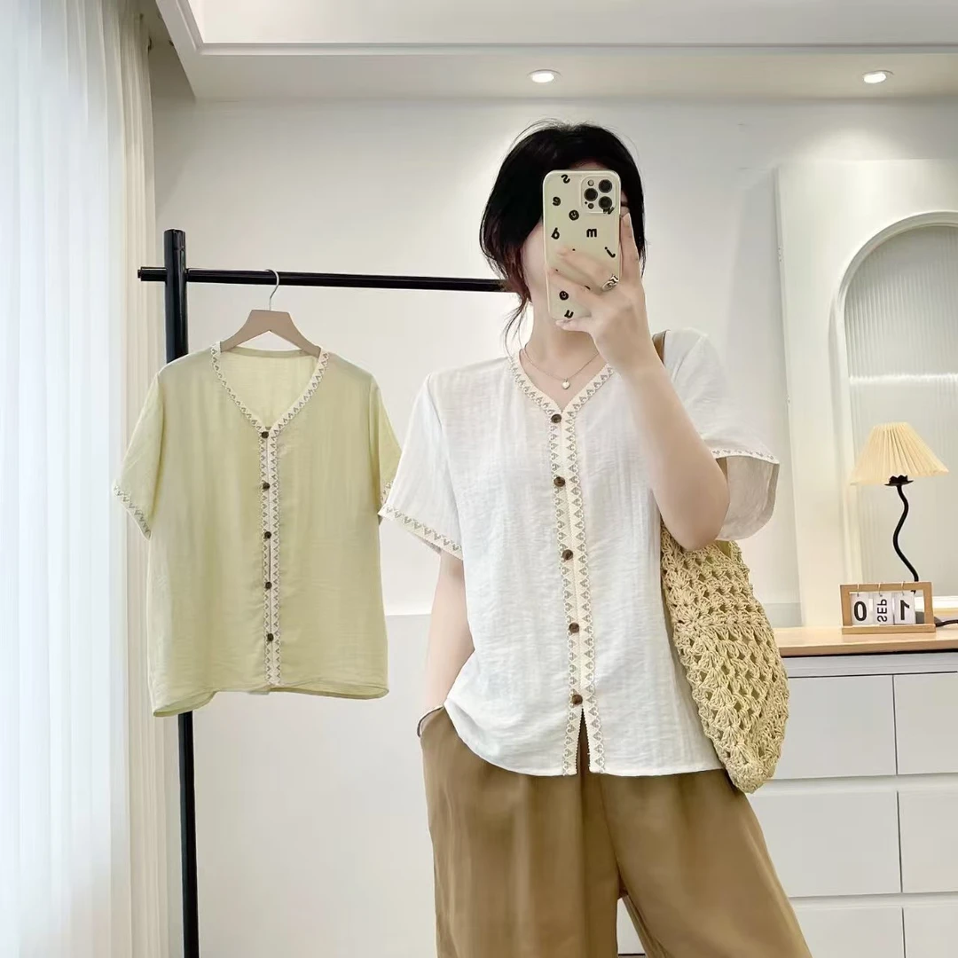 CC大码】夏季刺绣纯色常规8309短袖V领衬衫上衣百搭东方洛可可