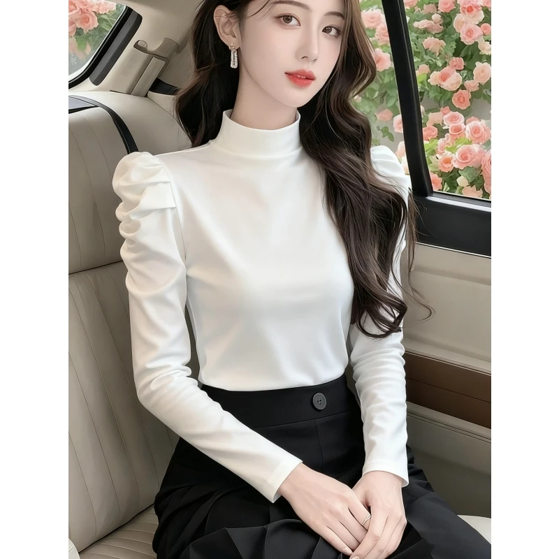 高级感泡泡袖半高领德绒打底衫女秋冬款修身内搭长袖上衣保暖秋衣