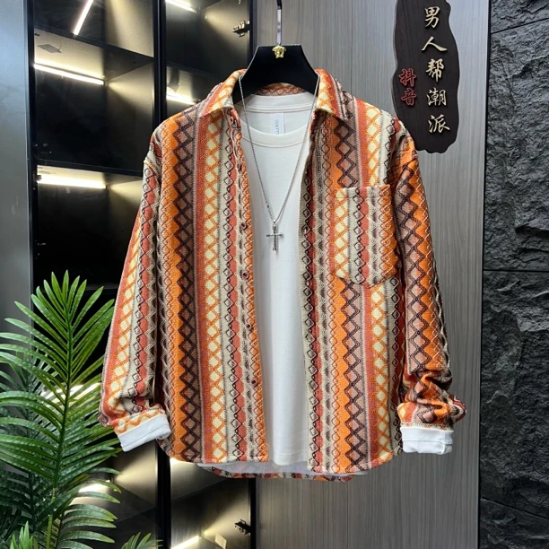 秋季宽松男士民族风编织长袖翻领外套时尚设计感6322薄款休闲春秋