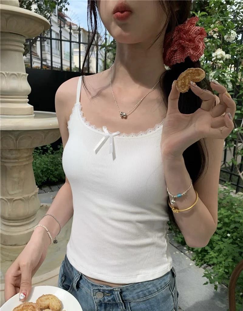 带胸垫蝴蝶结蕾丝美背吊带白色背心百搭内衣春夏内搭上衣通勤