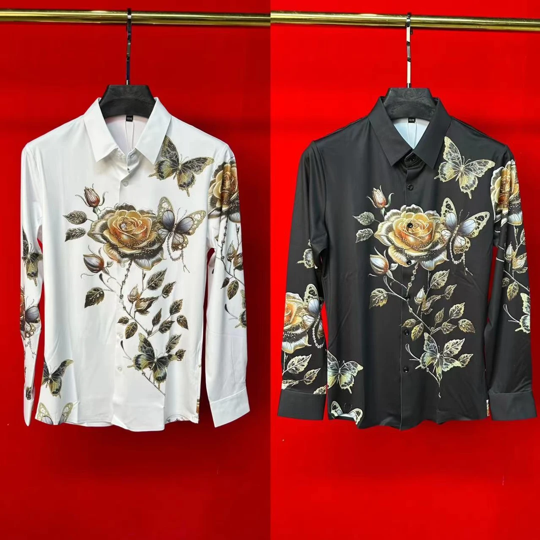 摩登新款男士秋冬高品质欧货艺术感玫瑰蝴蝶印花弹力时尚长袖衬衫
