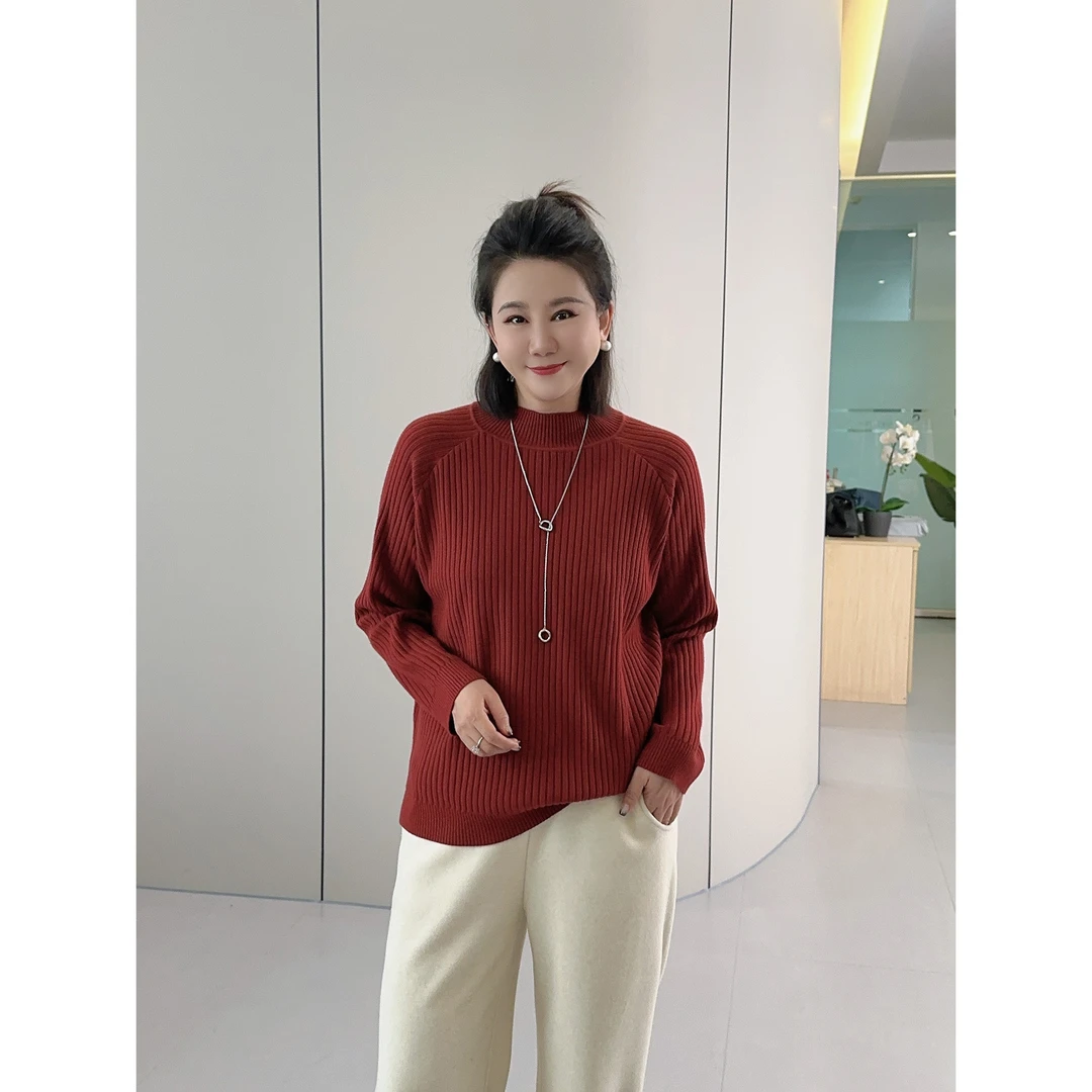 微胖女装【极简主义】皮牌插肩袖立领毛衣秋冬百搭上衣打底衫6802