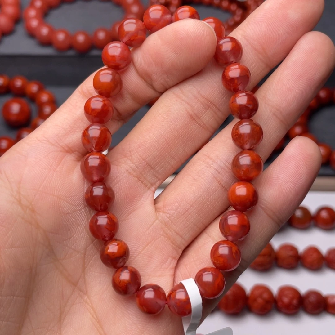 南红玛瑙未镶嵌手串H8mm顶品收藏妖孽牛血火焰手串