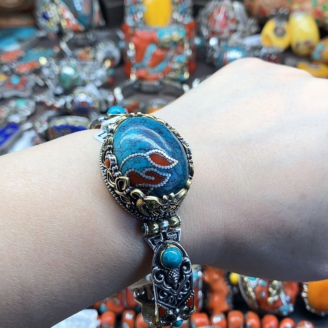 银S925镶嵌绿松石手镯八宝尼藏直播间