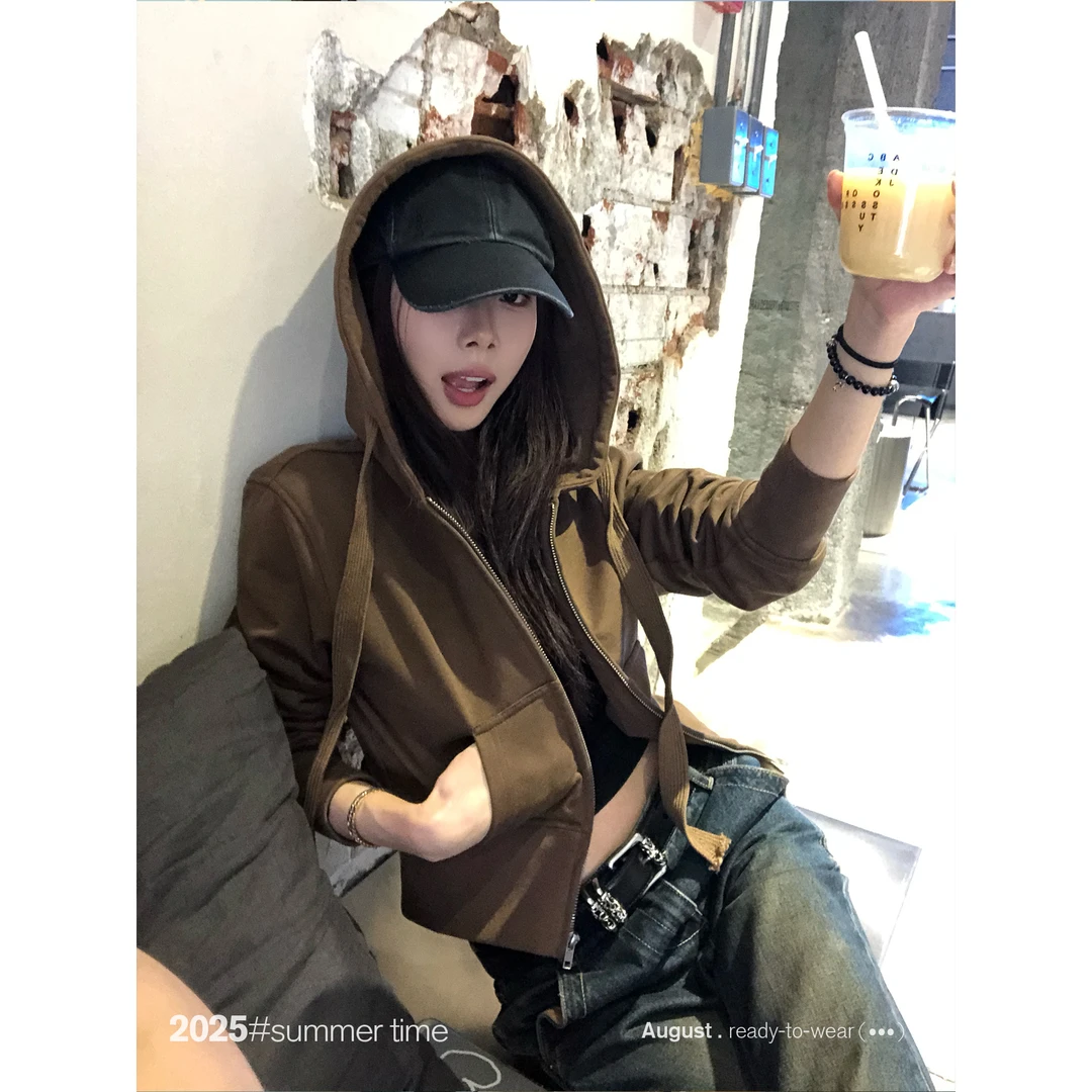 SUNONEONE 美式复古短款连帽卫衣外套女早秋季长袖开衫上衣H1278C