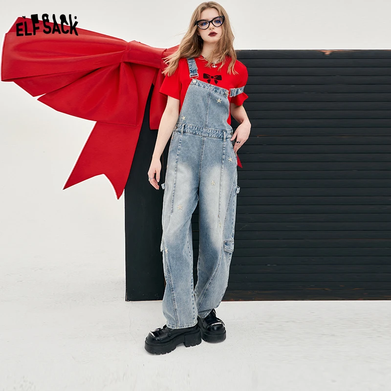 妖精的口袋格列佛心愿刺绣浅色牛仔背带裤2024秋新宽松14109009