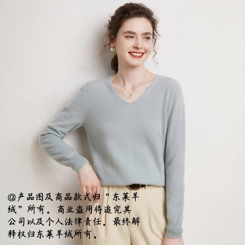 Y804 女士100%山羊绒12针平面一线成衣V领打底针织衫百搭温暖舒适