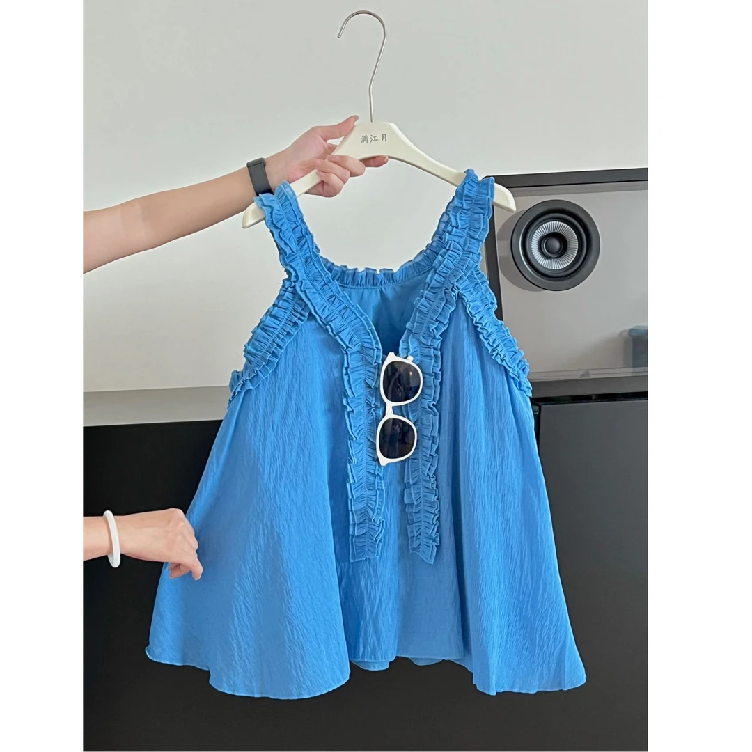 2025新款v领甜美设计感拼接木耳边无袖衬衫洋气时尚吊带上衣女