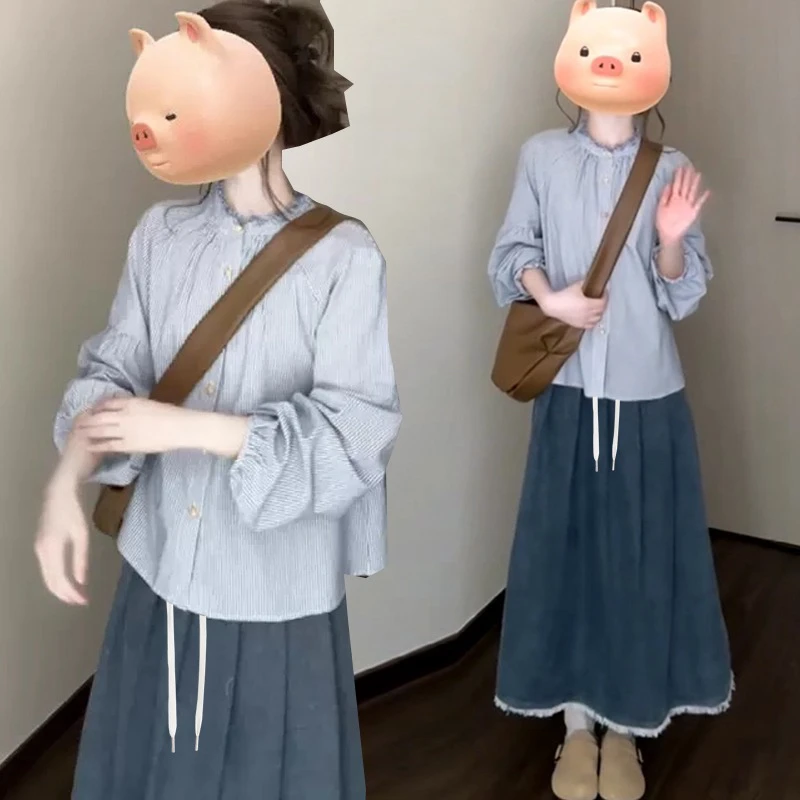 ［ 糕糕 ］孕妇装2025春夏减龄气质蓝色条纹衬衫牛仔半身裙韩风套装