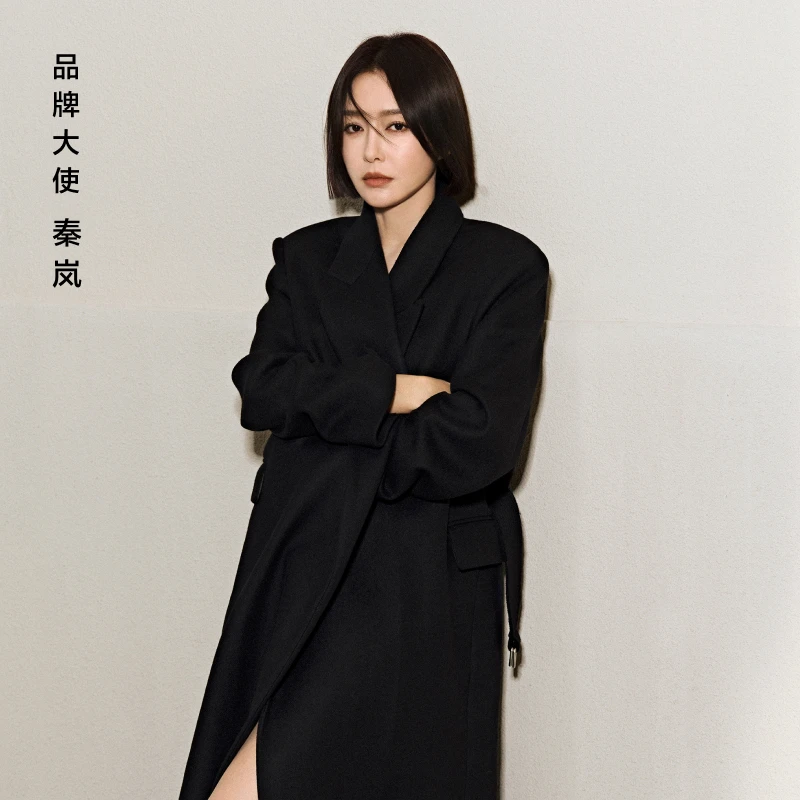 【秦岚同款】MOCO大衣绵羊毛毛呢外套垫肩长款附腰带MBD4OVC002
