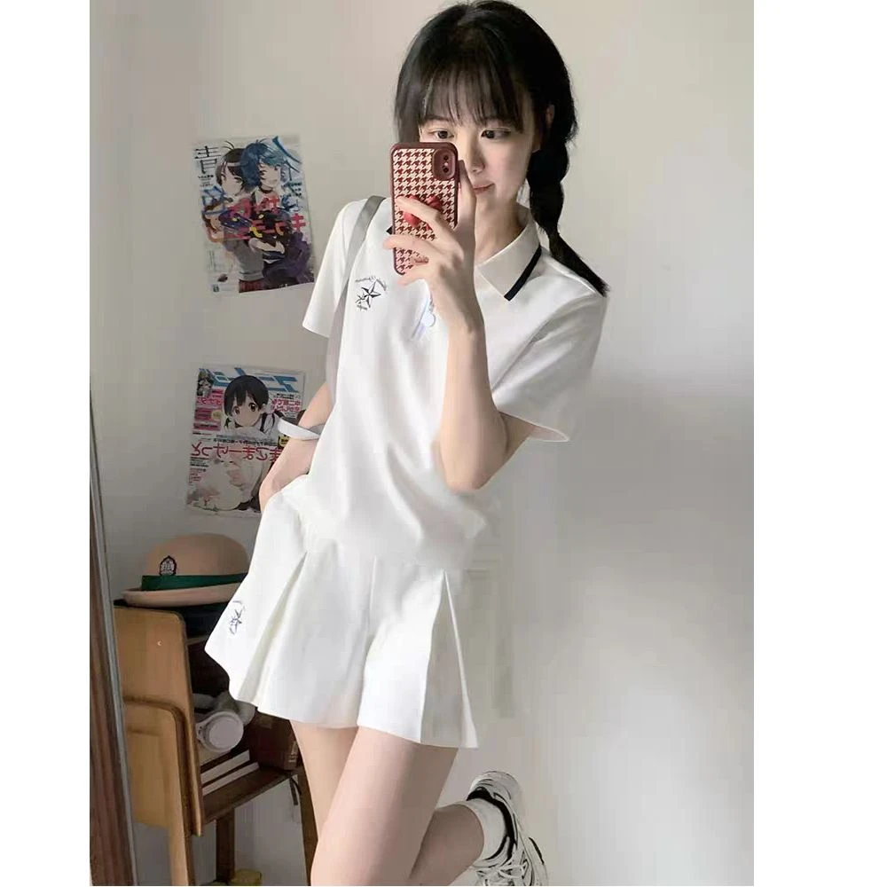 夏季JK制服千折星百褶安全裤裙短袖T恤收腰POLOC衫休闲运动套装女