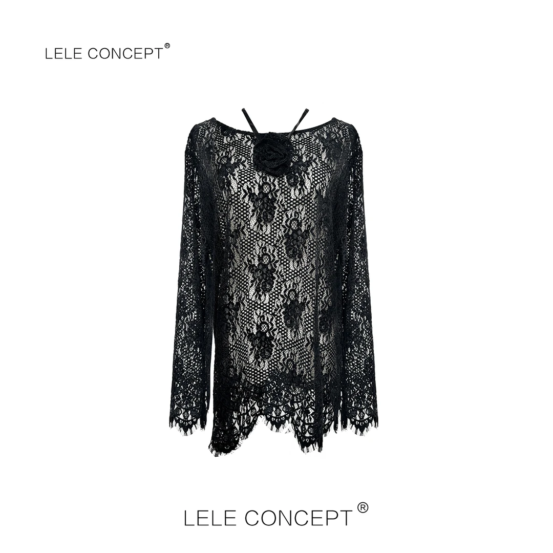 LELE CONCEPT丨「丽」法式轻奢设计师款圆领长袖镂空衫FS25C0172W