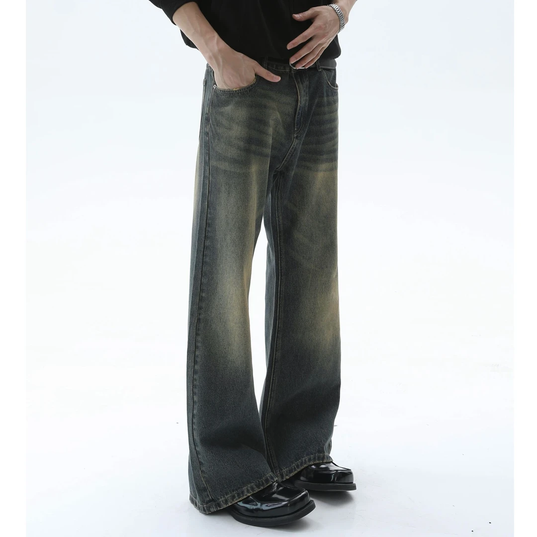 美式高街微喇牛仔裤男款秋冬水洗做旧修身显瘦直筒vibe情侣长裤子