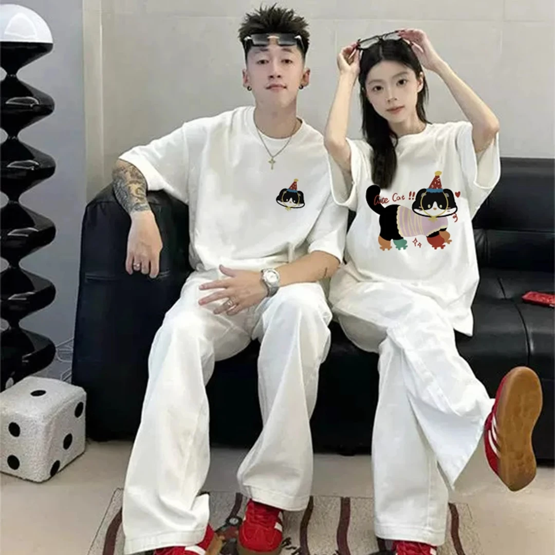 高级感情侣装夏天款一男一女爆款2025网红新款潮牌短袖套装T恤