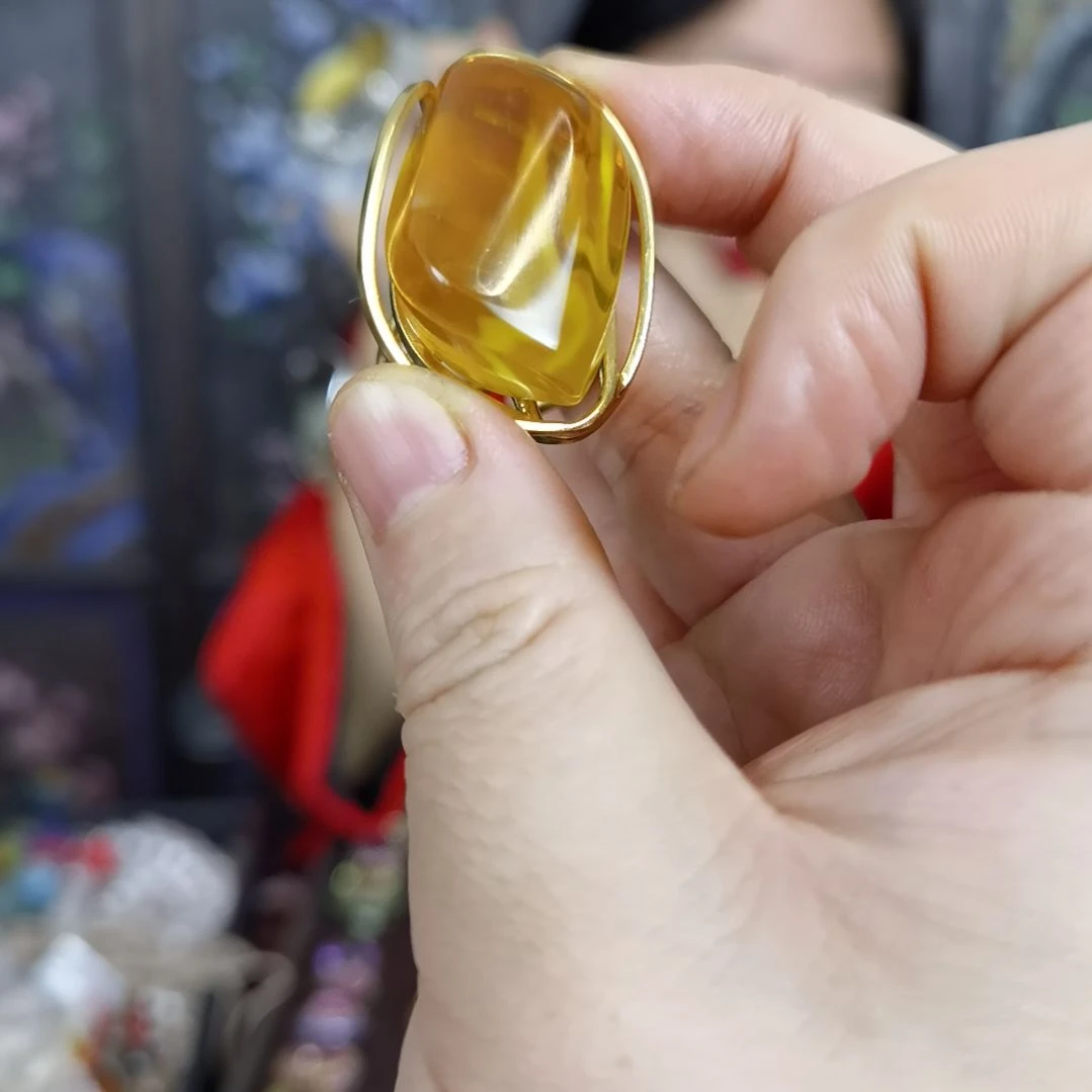 琥珀戒指银S925镀金镶嵌