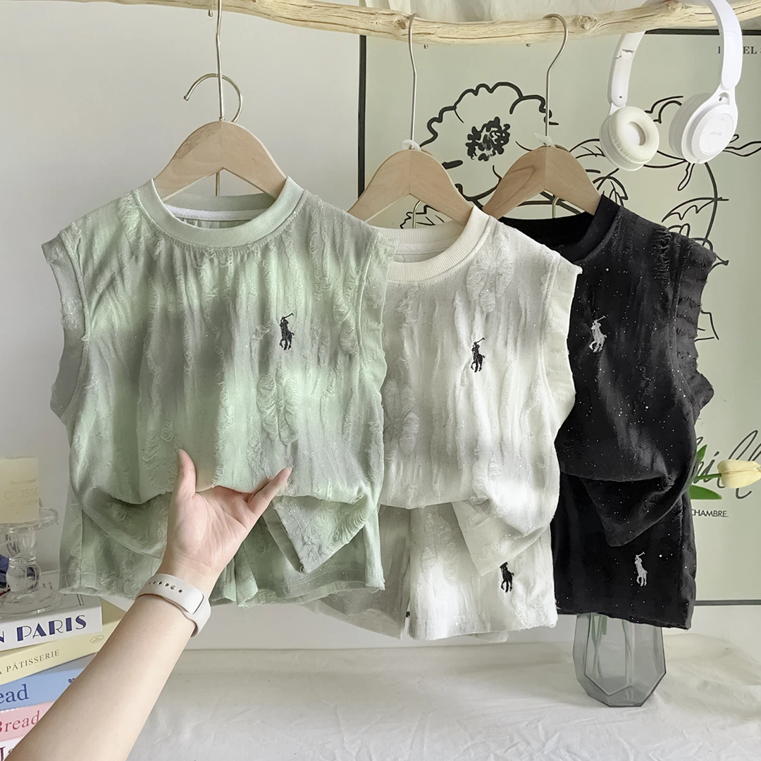 儿童夏季新款中大童刺绣镂空时尚洋气济公衫背心套装