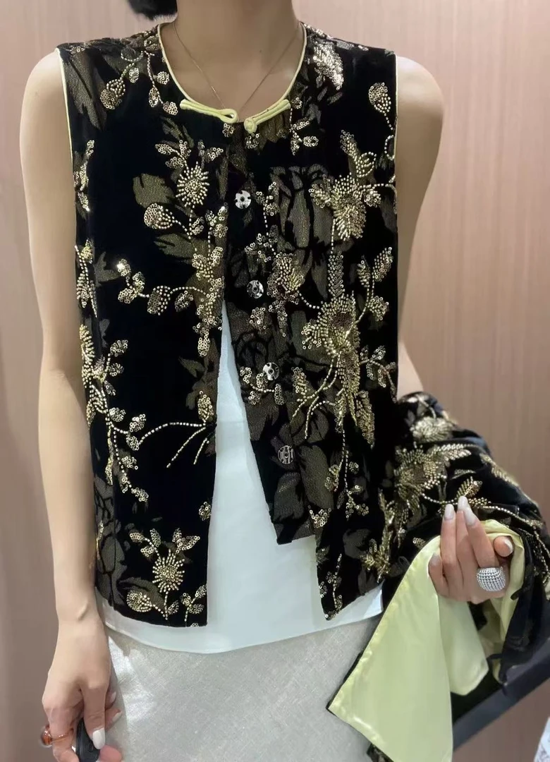 新中式国风重工刺绣马甲女2025春秋季新款复古盘扣唐装上衣