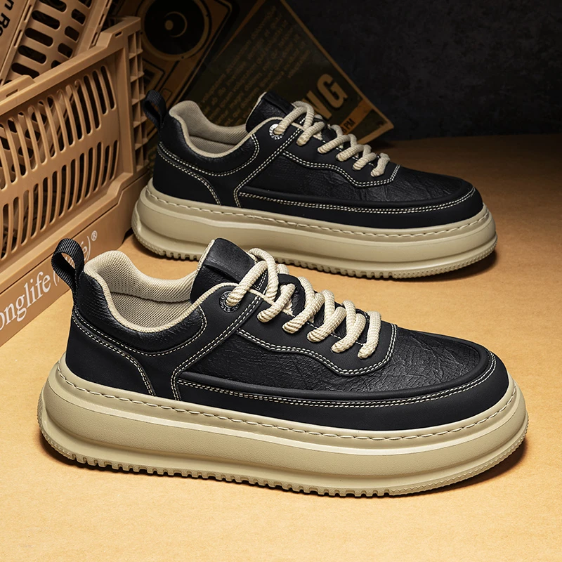 新款秋冬皮面黑色休闲板鞋休闲鞋增高运动百搭潮鞋子男款软底男鞋