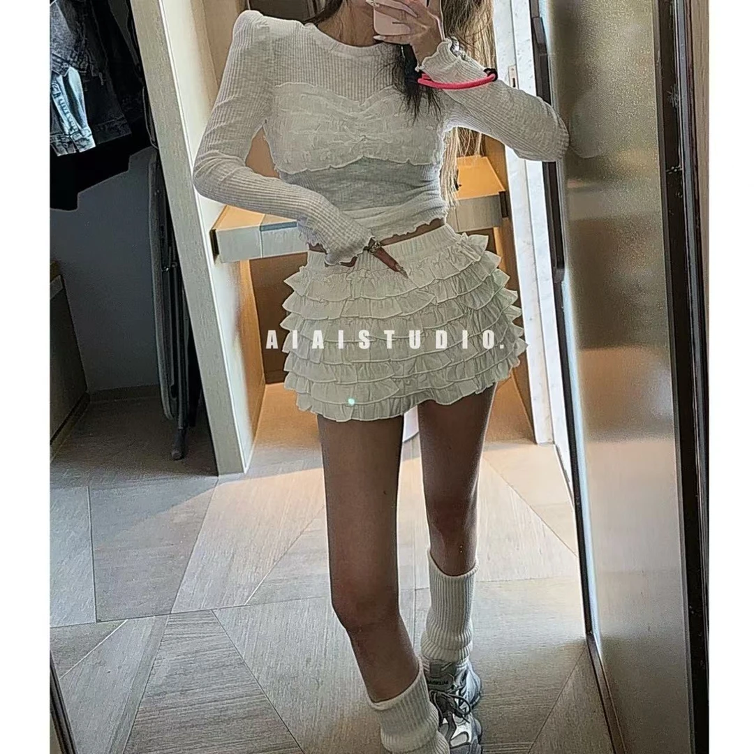 AIAI【甜辣千层】韩代泡肩蕾丝胸型T恤/高腰多层百搭裤裙女春季新款
