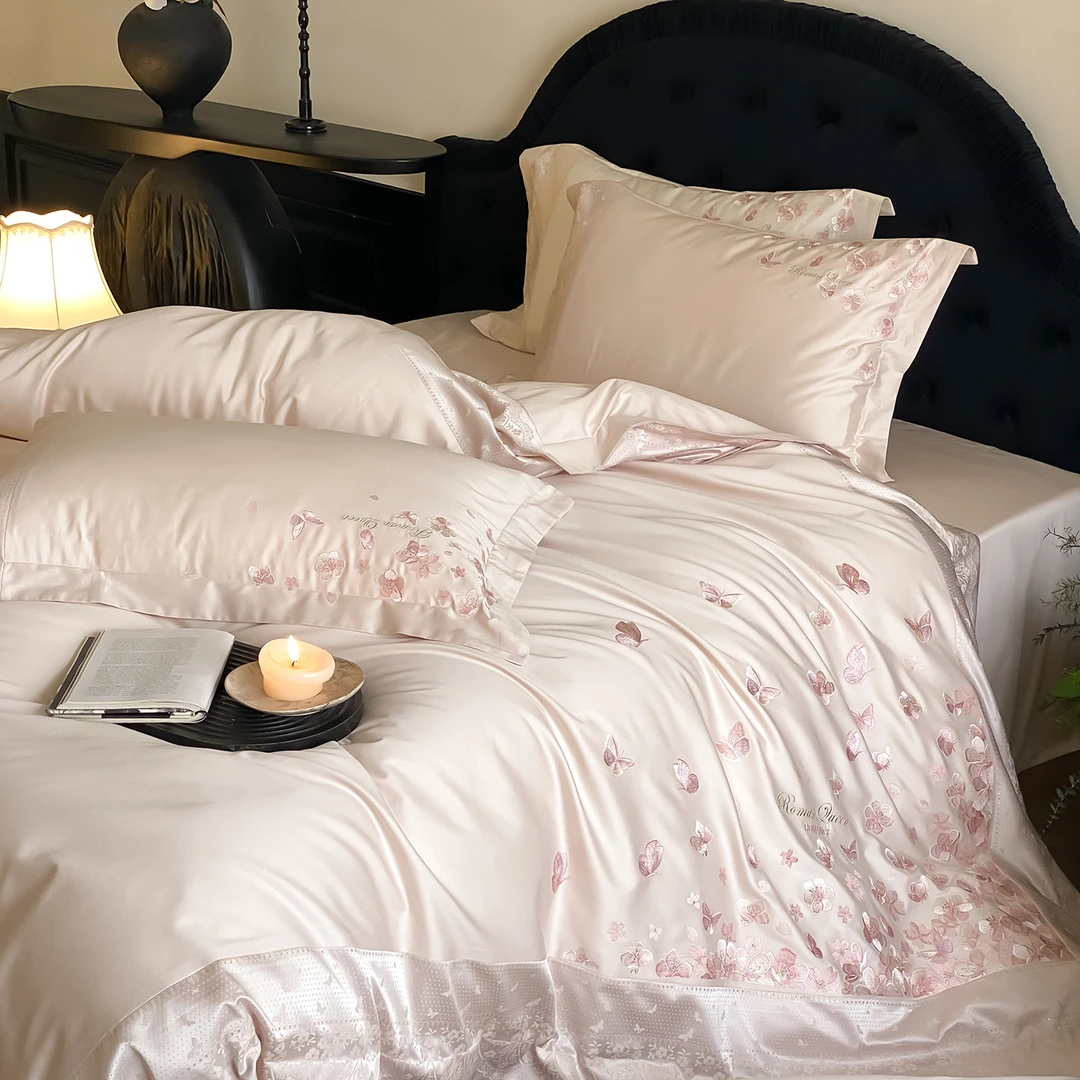 小清新100S高支全棉四件套少女心蝴蝶刺绣被套床单全棉床上用品