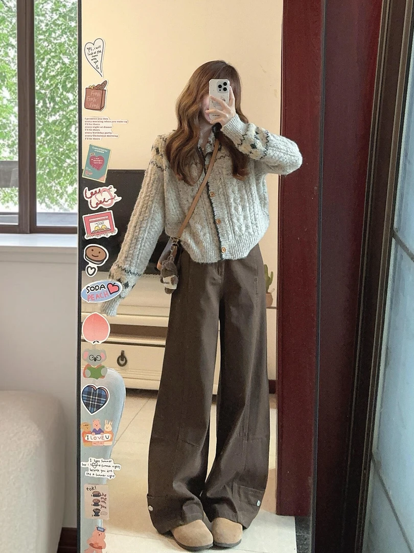 秋冬搭配一整套韩系穿搭慵懒软糯高级感针织毛衣开衫阔腿裤两件套