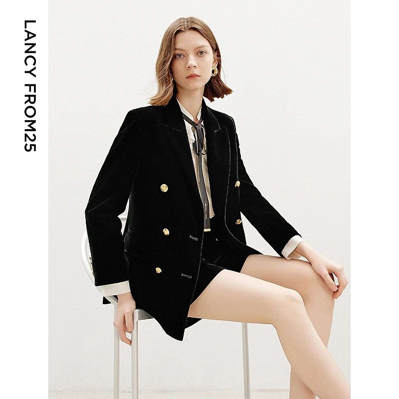 朗姿高级感时尚职业西装外套复古双排扣正肩丝绒西服冬季新款
