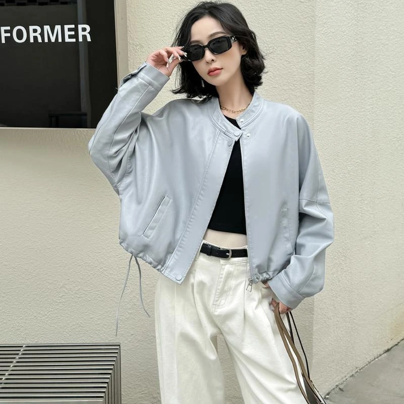 秋冬穿搭欧货高级感蓝色蛋白皮衣外套女2025春秋新款蝙蝠袖pu短夹