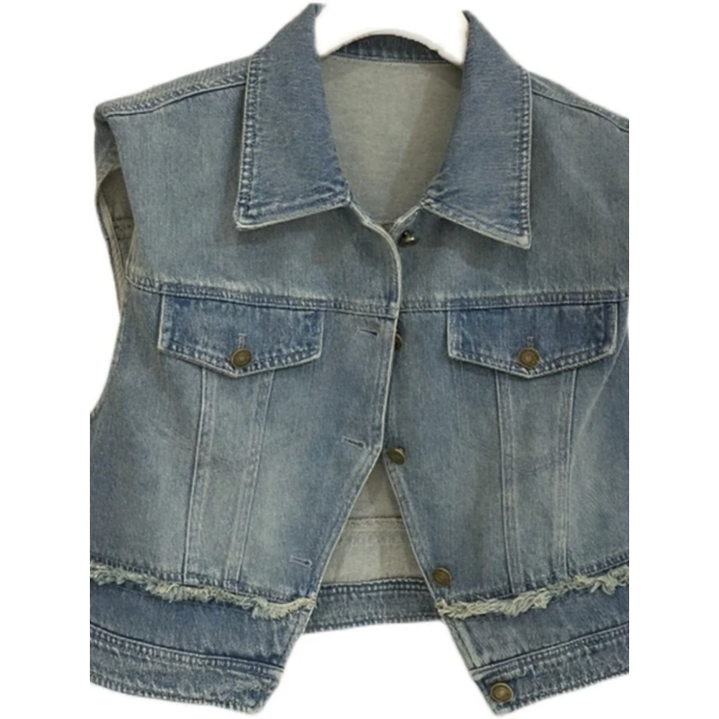 百搭潮流牛仔马甲夏季韩版宽松显瘦复古气质蓝色拼接短款马夹破洞