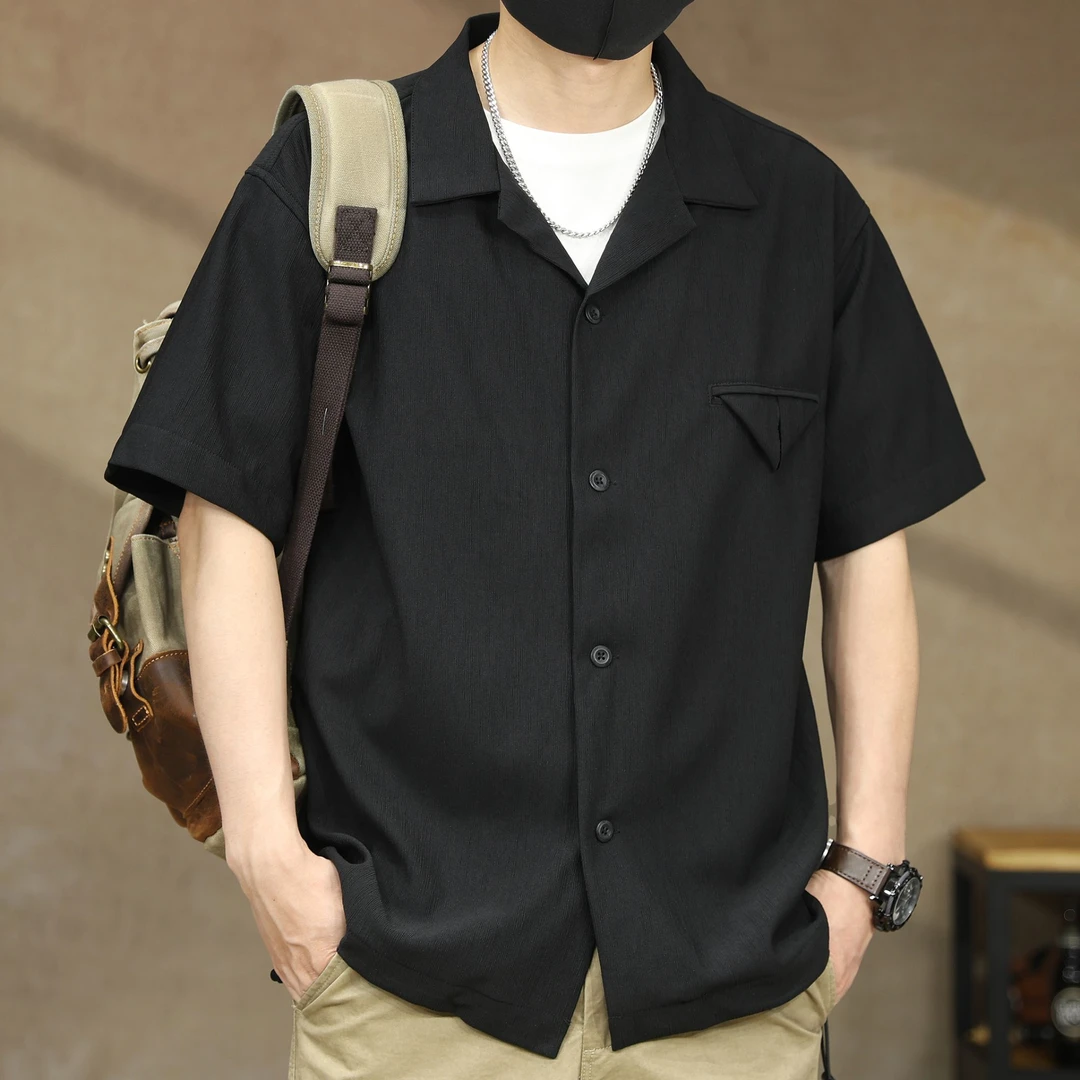 高级感星空褶皱古巴领短袖衬衫男士夏季新款宽松痞帅纯色衬衣外套