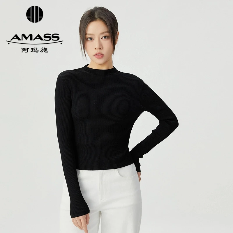 阿玛施AMASS新款女装极简纯色素面百搭长袖纯色圆领针织衫5399686
