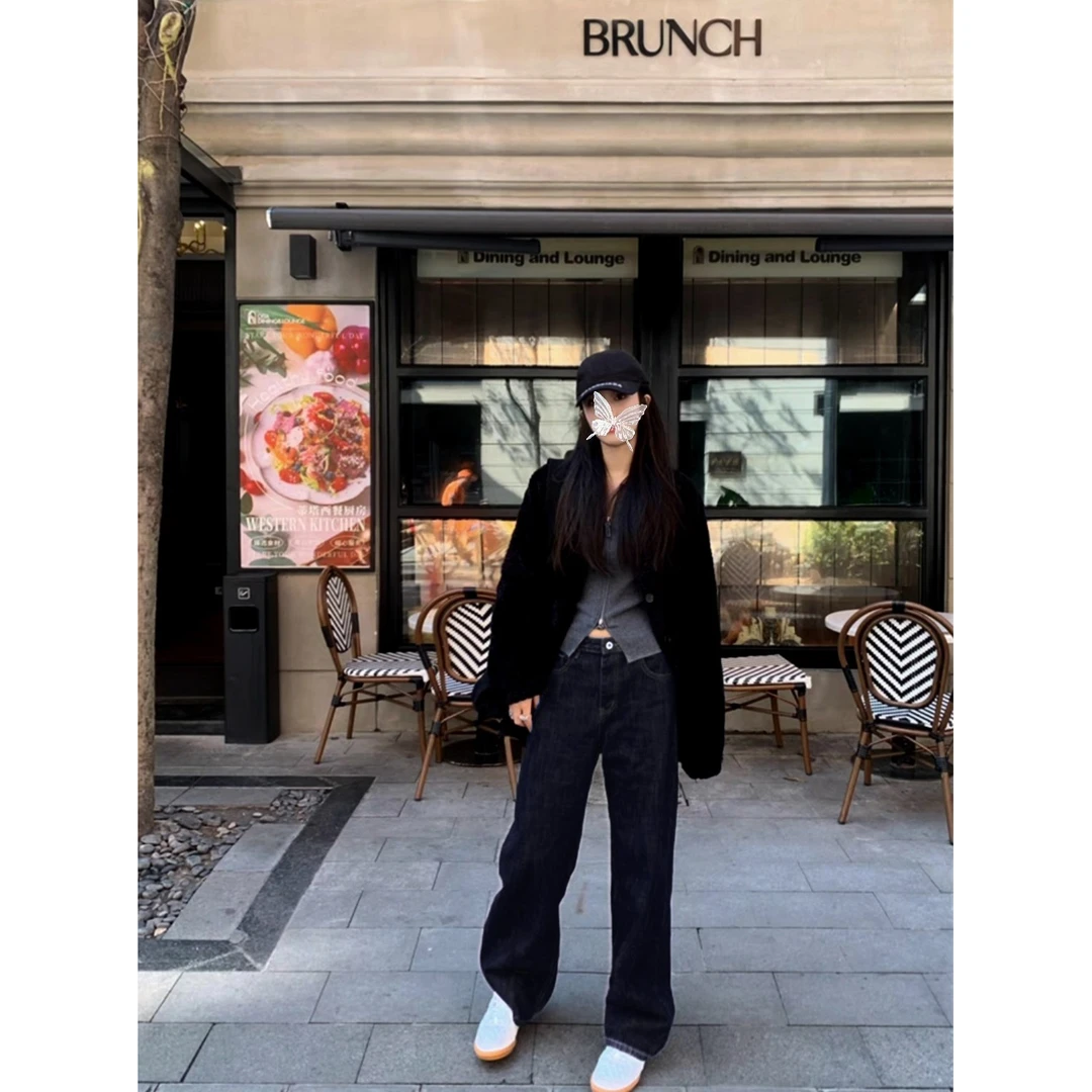 美式复古丹宁蓝直筒牛仔裤2025设计感百搭休闲慵懒显瘦高腰弹力裤