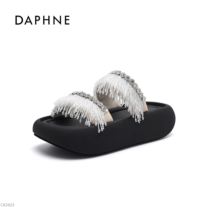 达芙妮流苏一字拖女爆款2025夏新款潮流纯色百搭增高松糕底拖鞋L