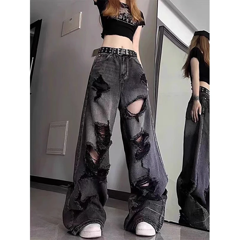 大码美式复古深灰色破洞牛仔裤女夏季设计感高腰显瘦阔腿乞丐裤子