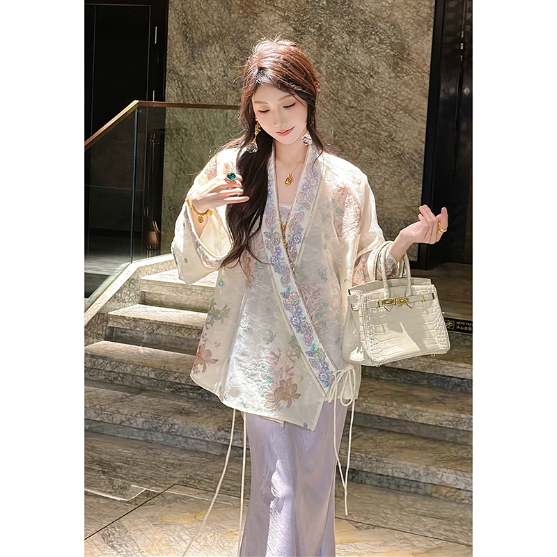 果果家 新中式薄款斜襟女士长袖2025女春季刺绣提花设计感外套