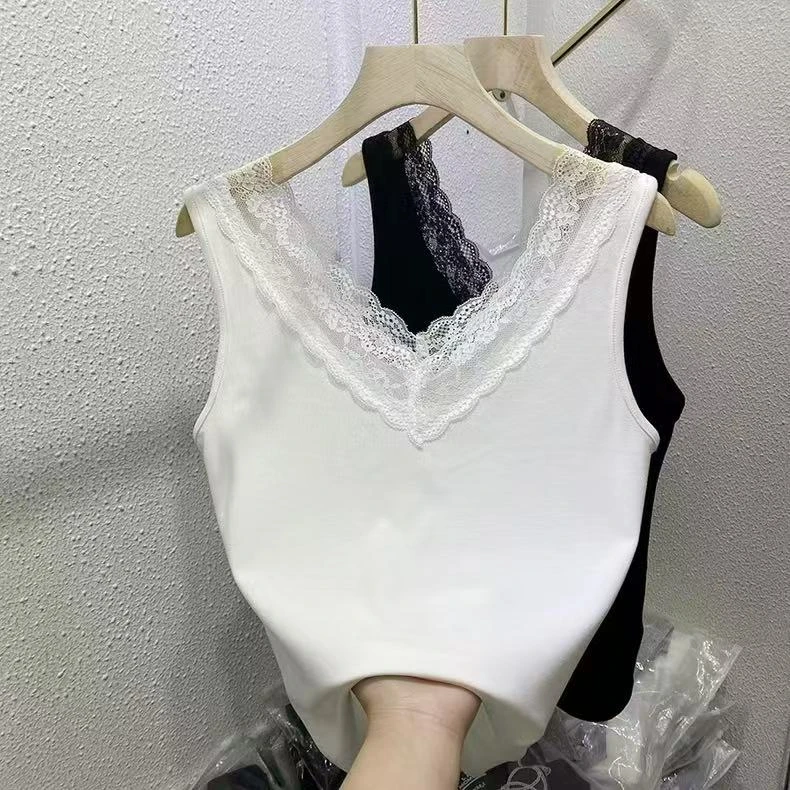 恒鑫安蕾丝拼接V领背心