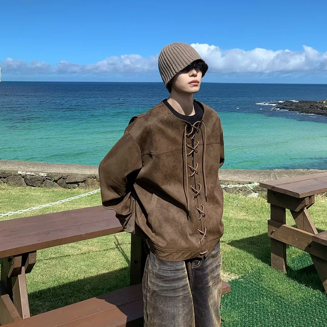 春秋季抽绳对襟后背飞片设计感美式复古棕色机车皮衣外套男女夹克