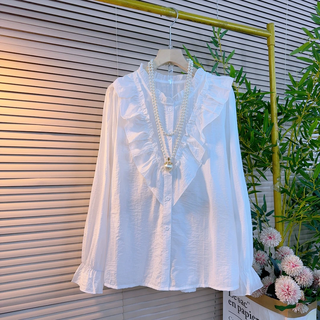 052胖妹妹春季新款纯色设计感翻领荷叶边甜美减龄显瘦百搭衬衫 65