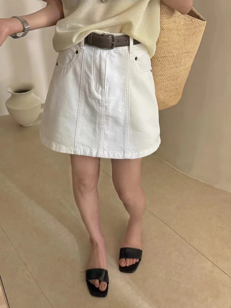 春夏新款休闲显瘦纯色拼接牛仔包臀A字半身裙