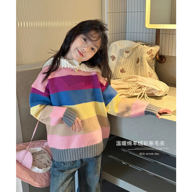 DTB2395女童韩版彩虹条纹毛衣冬装新款中大童圆领休闲针织上衣潮